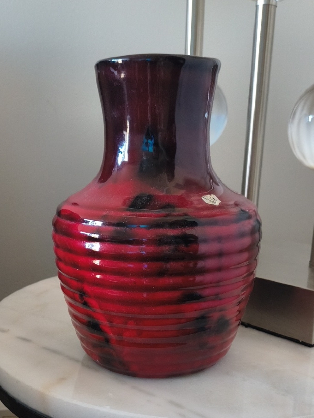 Glossy Red and Black Ribbed Ceramic Decorative Vase - Home Accents